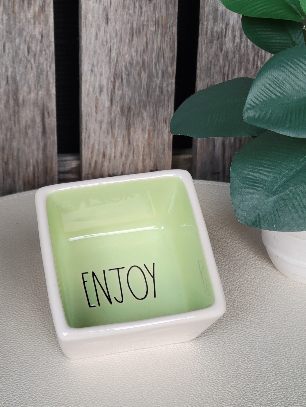 Rae Dunn Square Ceramic Dish - White Exterior with Light Green Interior